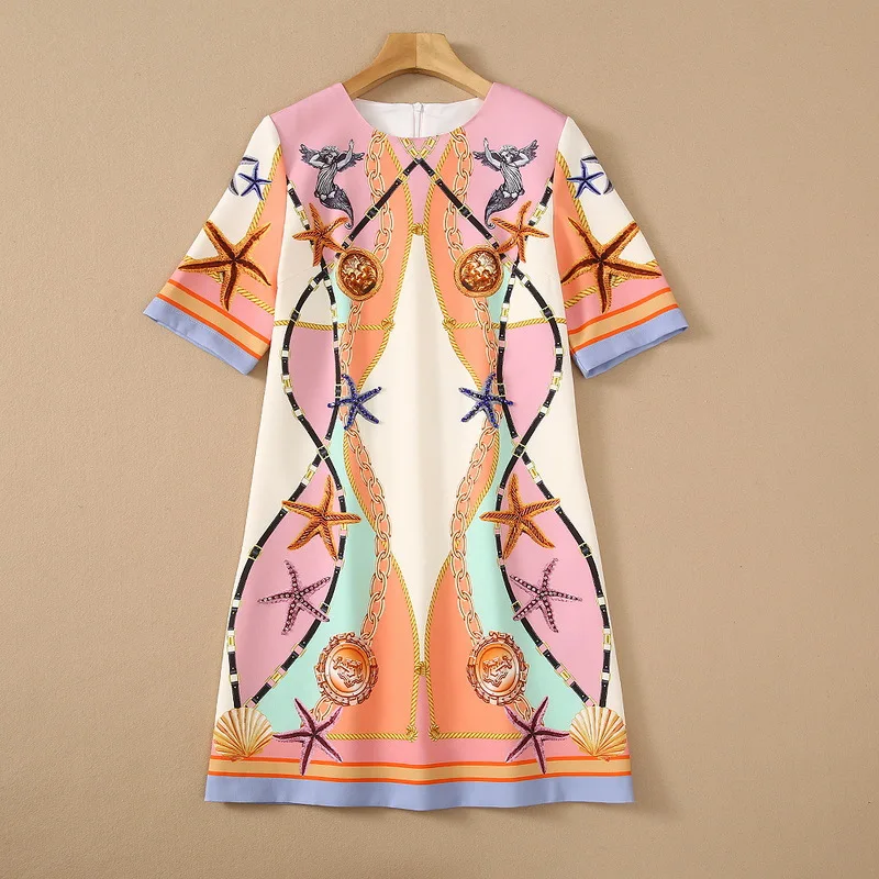 

European and American women's wear for summer 2021 Short sleeved starfish chain print Fashionable Loose Dress