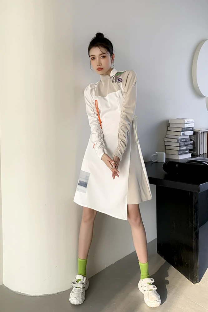 

Vintage Dress Women Long Sleeve A Line Stand Collar Asymmetrical Elegant Lady Dresses 2021 Spring Autumn C540