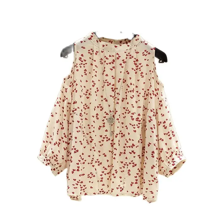 

Off shoulder chiffon shirt women's 7 / 4 sleeve summer new loose Chiffon Top with foreign style