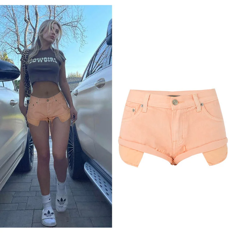 Sexy Sandy beach Low Waist Denim Shorts Women's Summer Hot Pants New Ripped Tassel Raw Hem Wide Legs Short Jeans Orange Pink | Женская