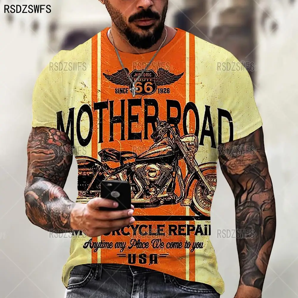 

2021 Summer New Fashion Trend Route 66 Motorcycle Pattern Men3D Printing T-shirt Street Personality Wild Loose Oversized