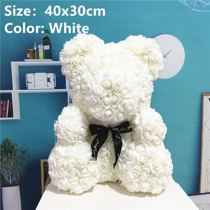 White 40x30cm Искусственные цветы Роза медведь многоцветный пластик пена роза цветок плюшевый медведь День Святого Валентина подарок День Рождения Вечеринка весеннее украшение - Цвет: White 40x30cm