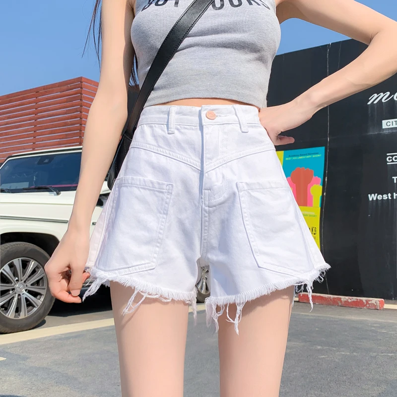 

White Jean Shorts Women 2021 Summer New Fashion Korean High Waist Loose Slimming Wide Legs Denim Biker Shorts Hot Pants Outwear
