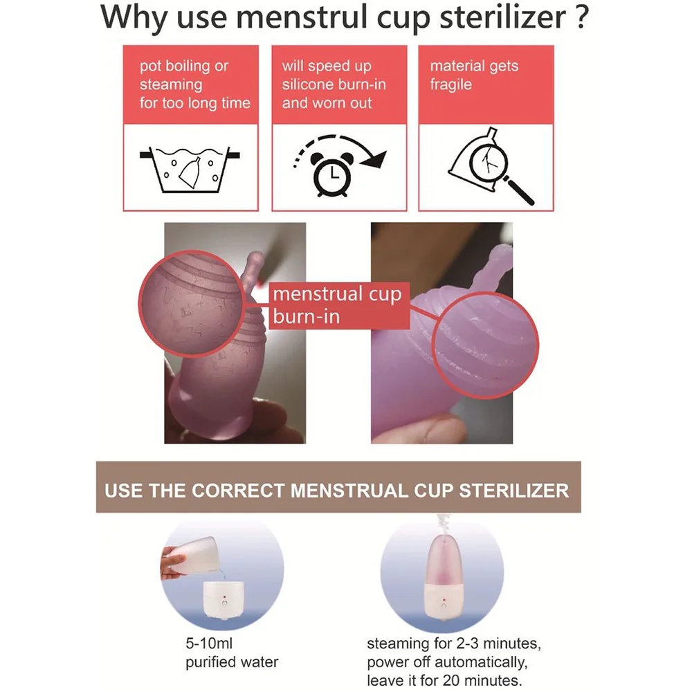 

Steam Cleaning menstrual cup Feminine Hygiene kill 99.9% of harmful germ lady period cup medical grade silicone menstrual cup