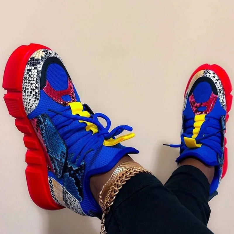 

Women Fashion Brand Mixed Color Female Mid Heel Sneakers Spring Summer Platform Sneakers Women Snake Patchwork Shoes Woman