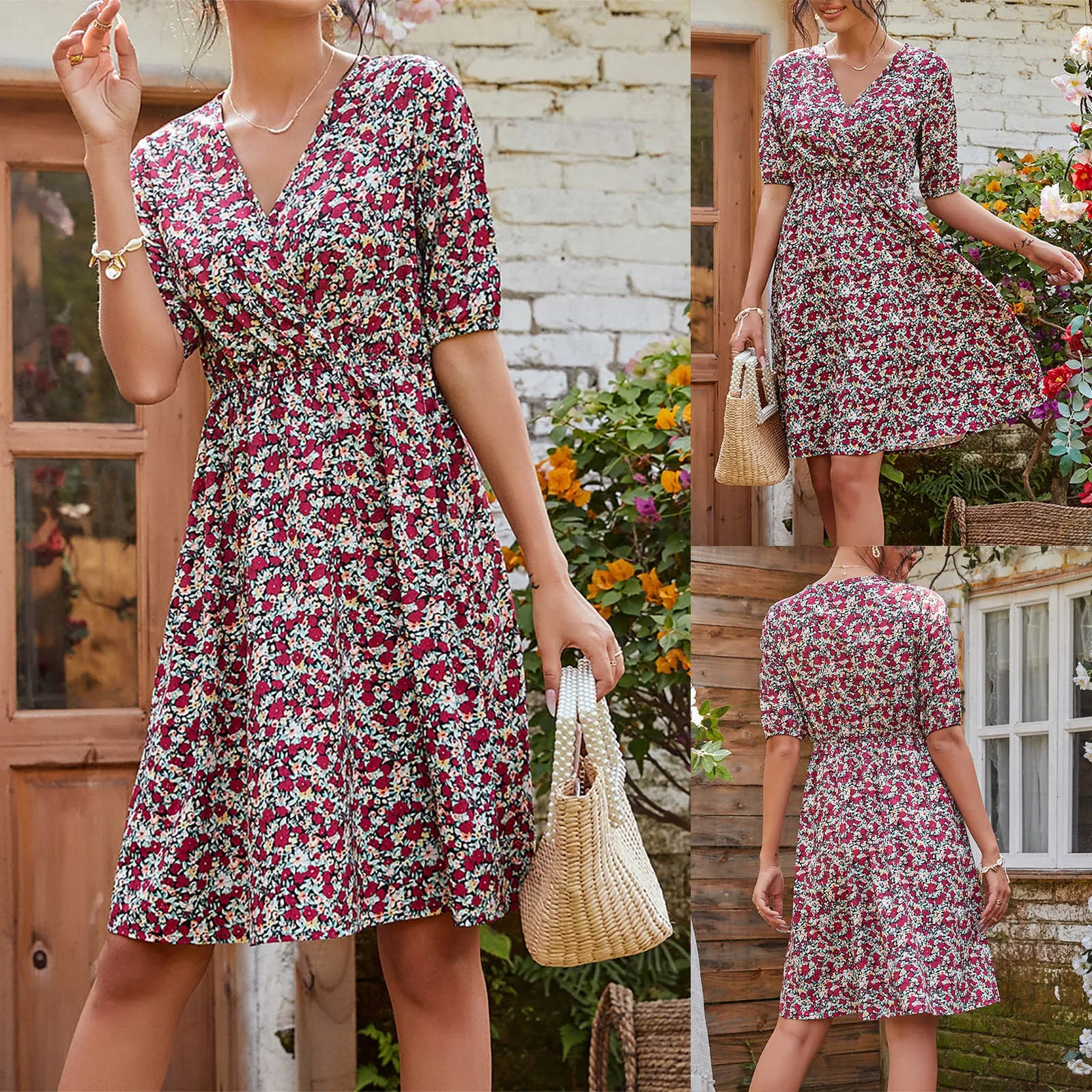 

Casual Floral Print V-neck Short-sleeved Waist Slim Dress Summer Women's Tight-fitting Knee-length Straight Skirt