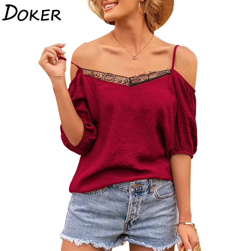 

Женская Кружевная футболка с вырезом лодочкой на тонких бретельках, Однотонная футболка с открытой спиной, летние женские Топы с коротким р...