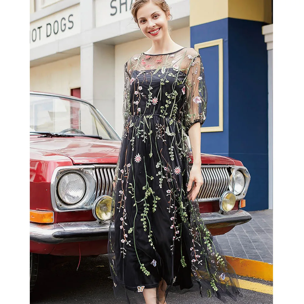 

Summer Women Mesh Embroidered Long Maxi Dresses French Hepburn Style Fashion Evening Plus Size Dress