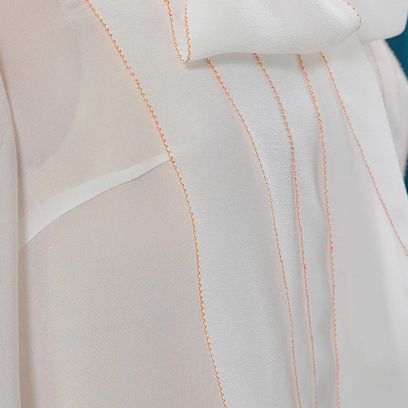 Online VOA 12 Mt/mt Silk Georgette Bogen Schwimm Blei Reine Weiße Lange Hülse Seide Orange Rand Damen Hemd BE317 Frauen Mode Kleidung