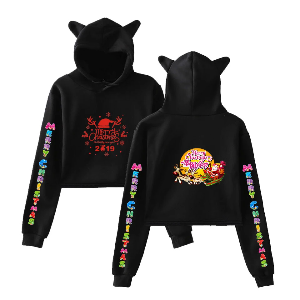 Merry Christmas Hoodies Women Sexy Short Cat Ears Cute Pullovers Fashion Sex Appeal Autumn Casual Sweatshirts | Женская одежда