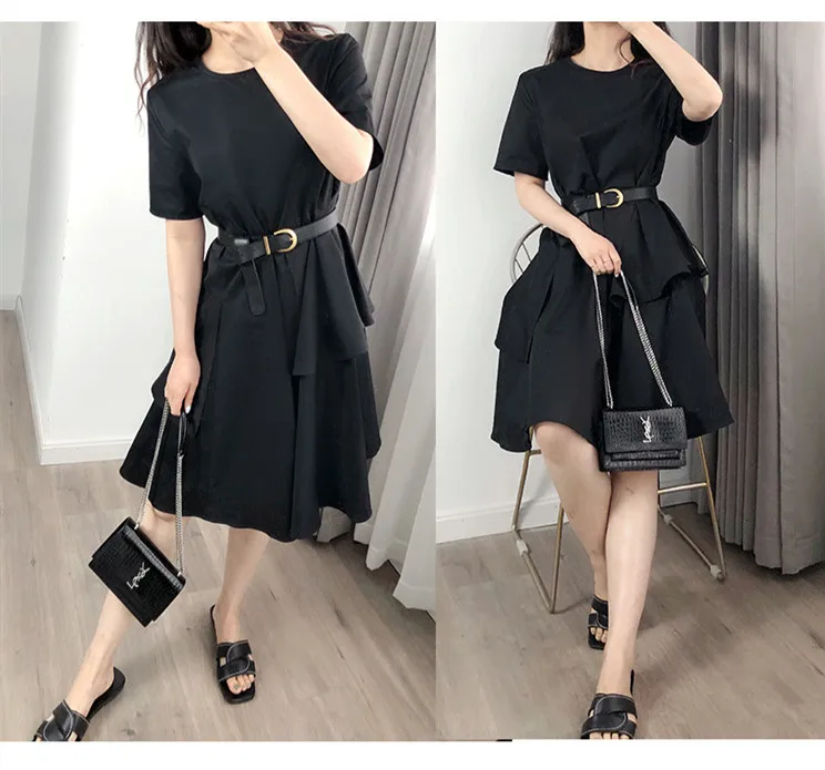 

Three Colors Women Short-sleeve Dresses Ruffles O-neck Simple Female Sundress 2020 New