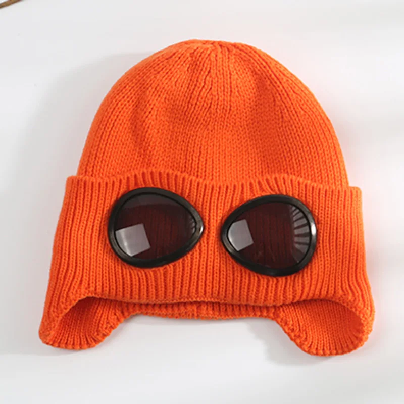 Moveable Glasses Warm Fleece Lined Women Snow Hat Knitted Winter Cap Cover Ears Orange Yellow Purple Blue Black White Green