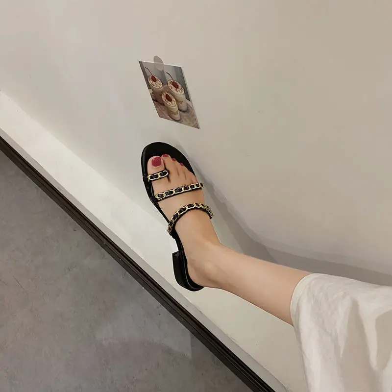 

Summer Flip Flops Thin Strap Lazy Slippers Retro Roman Style Chain Low Heel Thick Heel Fairy Style Women's Shoes