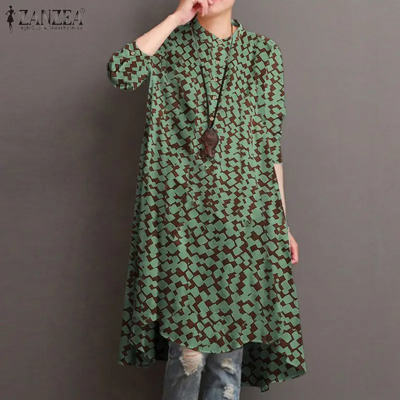 

ZANZEA Stylish Long Sleeve O Neck Grid Long Shirt Loose Irregular Hem Chemise Women Casual 2022 Checked Printed Blouse Oversize