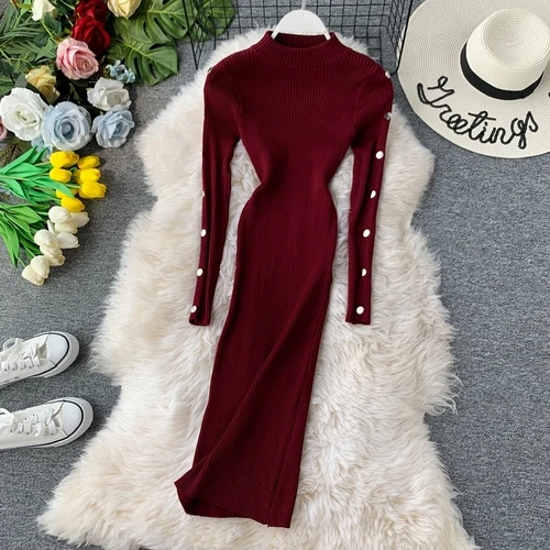 winered Gagarich, женское трикотажное платье,, элегантное, осеннее, с длинным рукавом, для похудения, Ретро стиль, миди, одноцветное, стрейч, для девушек, платья, Robe Femme - Цвет: winered