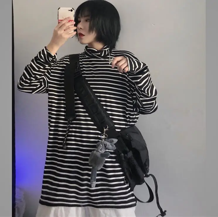 

Осенняя Базовая футболка в Корейском стиле Харадзюку в стиле ретро с высоким воротом и полосатым низом свободная футболка с длинными рукав...
