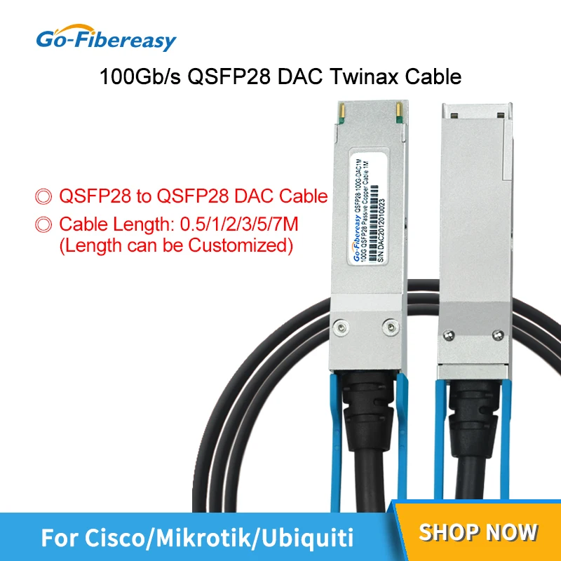 

QSFP28 100G DAC Cable 0.5M/1M/2M/3M/5M QSFP28 Passive Direct Attach Copper Twinax Cable For Cisco Huawei Dell Fiber Optic Switch
