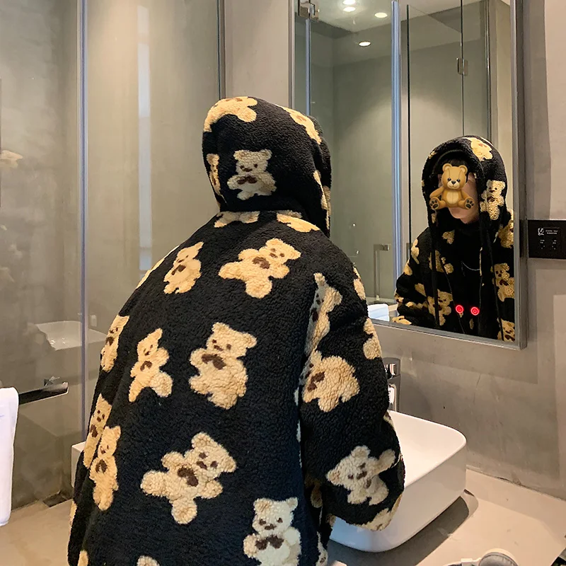 Bear Cotton-Padded Coat Men's Winter Thickened All-Matching Lamb Wool Coat Korean Fashion Couple Hooded Plush Cotton-Padded