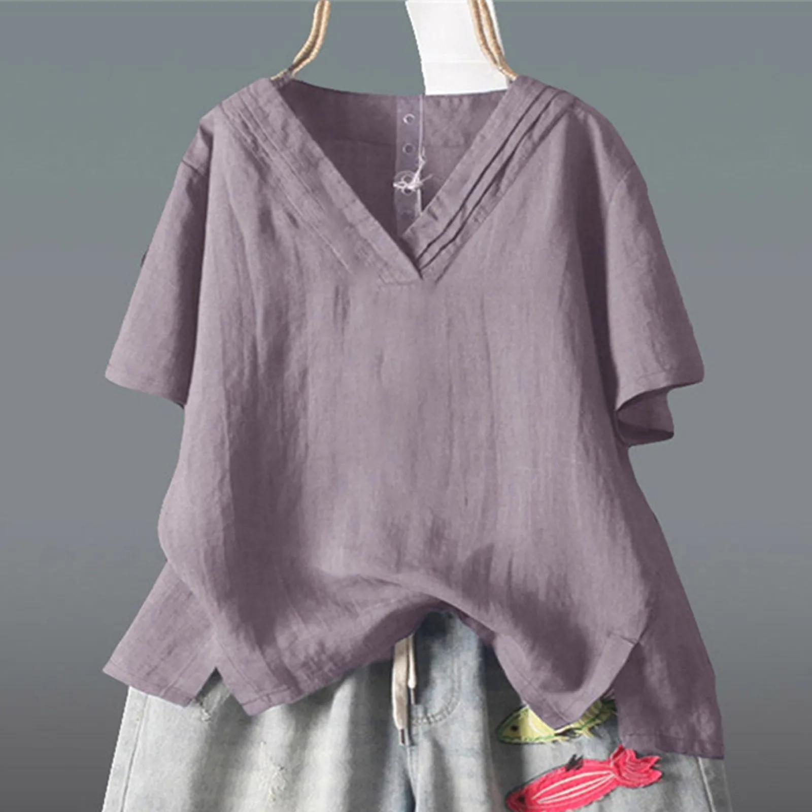 Футболка женская Повседневная однотонная белая Свободная рубашка с V-образным