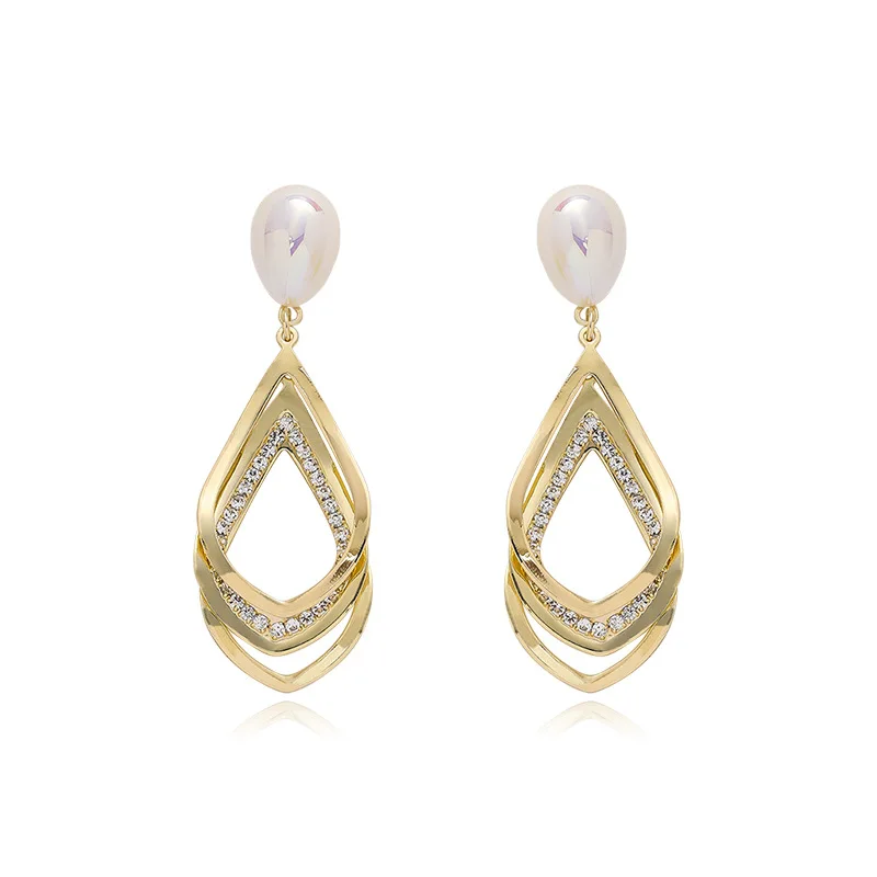 

GU-131 New trendy Korean temperament pearl net red earrings S925 silver needle fashion elegant geometric hollow earrings