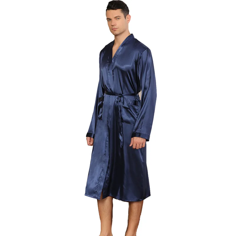 

Silk Robe Men Solid Thin Dressing Gown Male Autumn Spring Longer Bathrobe Kimono Luxury Long Sleeve Sleepwear Sleep Lounge XXL