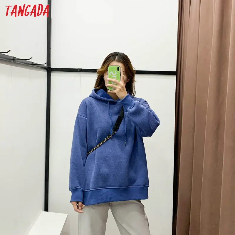 Tangada женские синие флисовые толстовки с капюшоном, зимние японские Модные женские пуловеры больших размеров, Теплые Топы с капюшоном 6L02