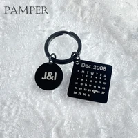 pamper customized calendar keychain carved anniversary name keyring stainless steel personalized jewelry for couples love gift