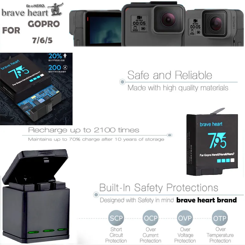Высокое качество полностью декодированная батарея Go pro hero 7 батарея для GoPro Go pro hero 5 6 7 hero 5 hero 6 hero 7 black аксессуары для камеры
