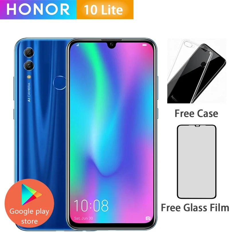 Honor 10 Lite, 4G, мобильный телефон, Android 9,0, 6,21 дюйма, FHD, 2340X1080, двойной шрифт, задняя камера 24 МП, AI камера, отпечаток пальца, 710, Восьмиядерный