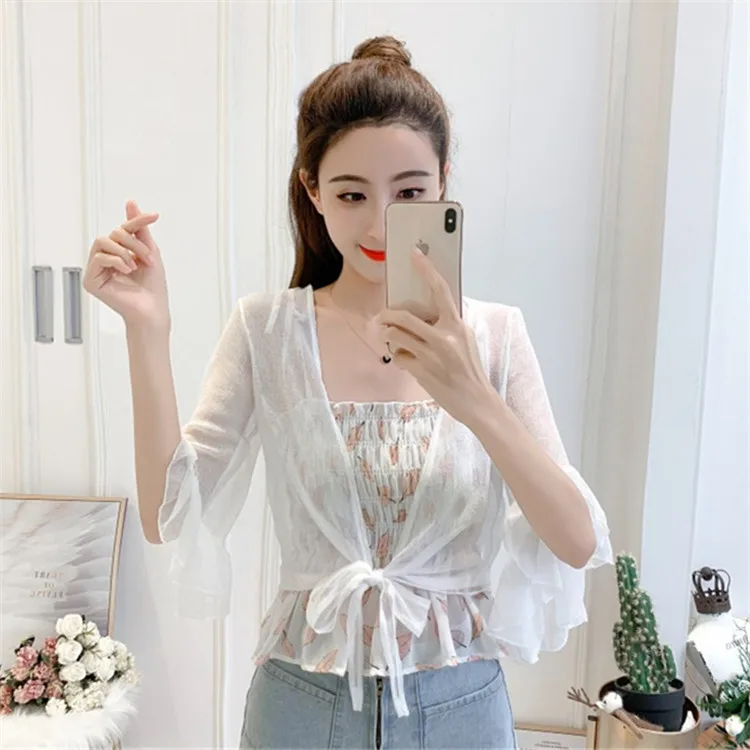 COIGARSAM Chiffon Shirt Womens tops Summer Spaghetti Strap Women shirts White Black 657 | Женская одежда