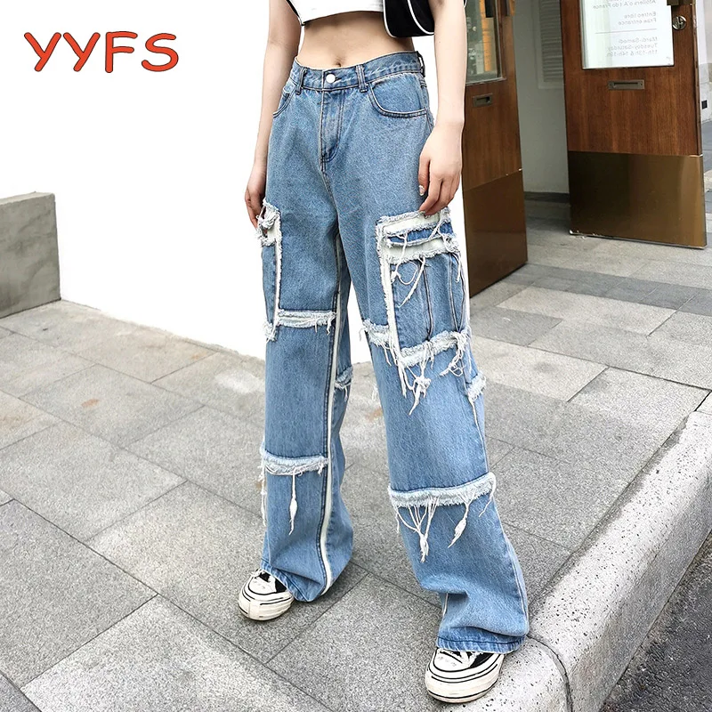 

Vintage Distressed Jeans Women Spring High Waist Beggar Wide Legs Denim Pant Cowboy Trousers Female Loose Harajuku Streetwear