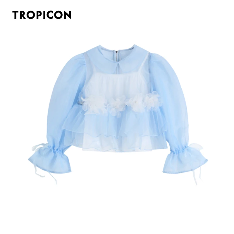

TROPICON Organza Blouse See Through Sheer Top Elegant Peter Pan Collar Puff Sleeve Long Sleeve Peplum Blouse Fashion Designer