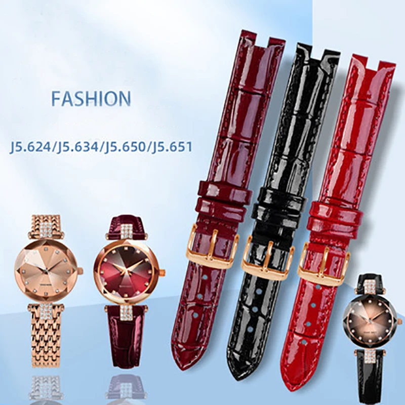 

For Zuo Weisha Series Watchband Female J5.624/J5.634/J5.650/J5.651 Concave Bright Leather Watch Strap Black Red Purple 12mm 15mm