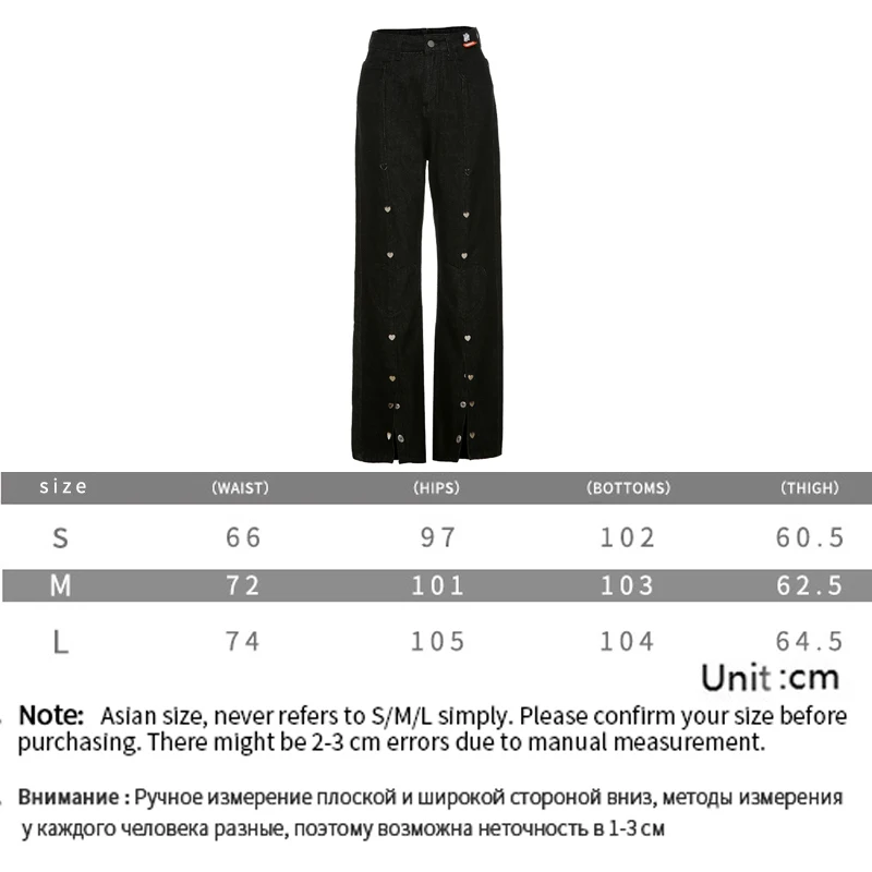 

Womens Heart Print Buttons Slit Black Flared Jeans Boyfriend High Waist Super Stretchy Zipper Baggy Denim Wide Leg Pants Femme