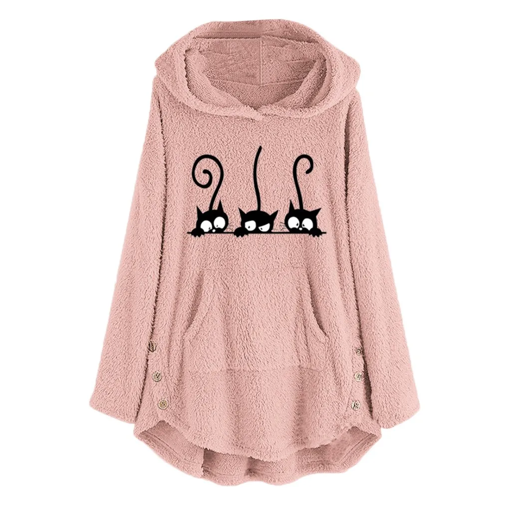 

Plus Size Hoodies Womens Fleece Cat Embroidery Warm Hoodie Top Button Autumn Winter Size Long Sleeve Sweatshirts Hoody Ladies#Y7