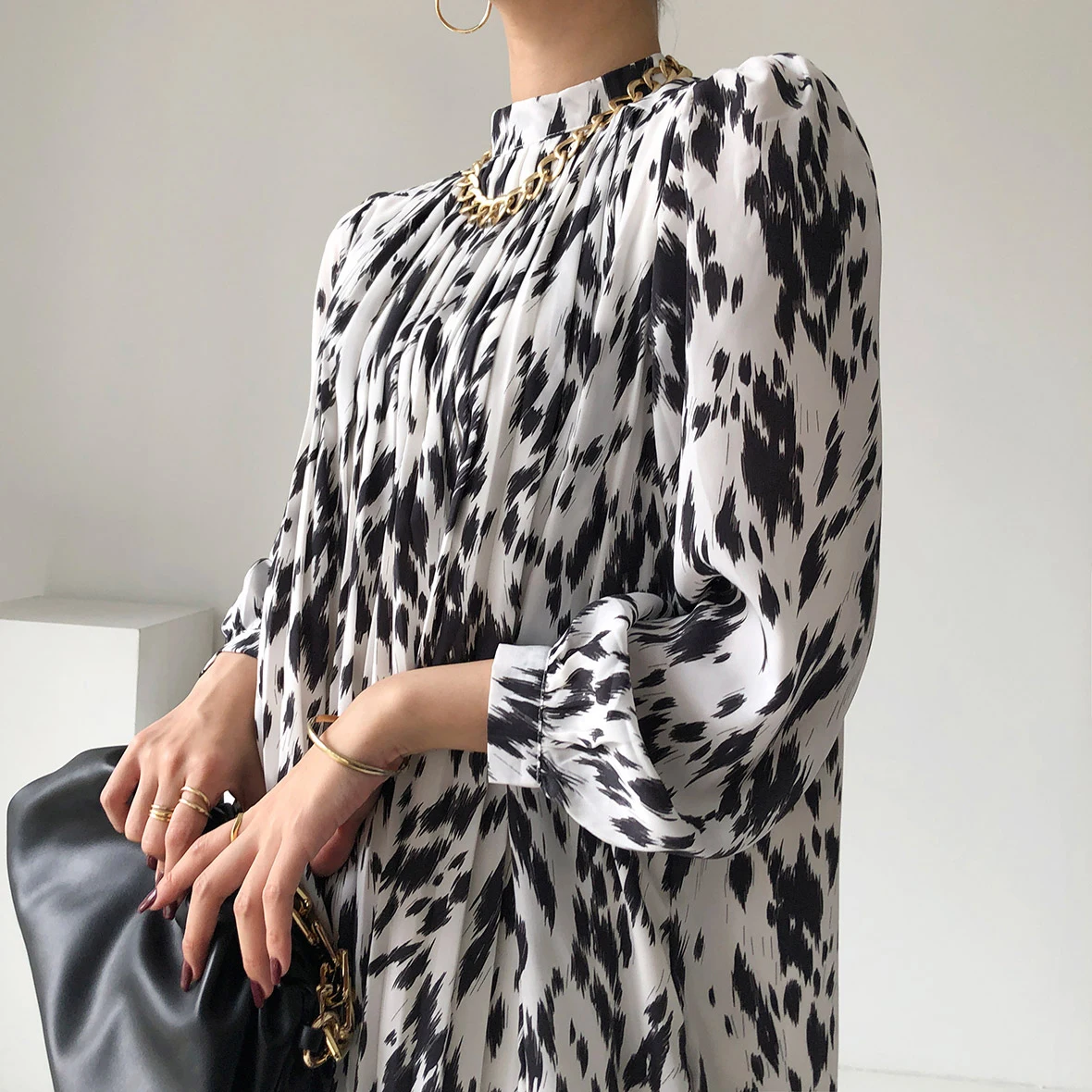 

2021 Spring New Stand Collar Women Full Sleeve Dress Elegant Hit Color Female Lace-up Printed Midi Dress Vestidos