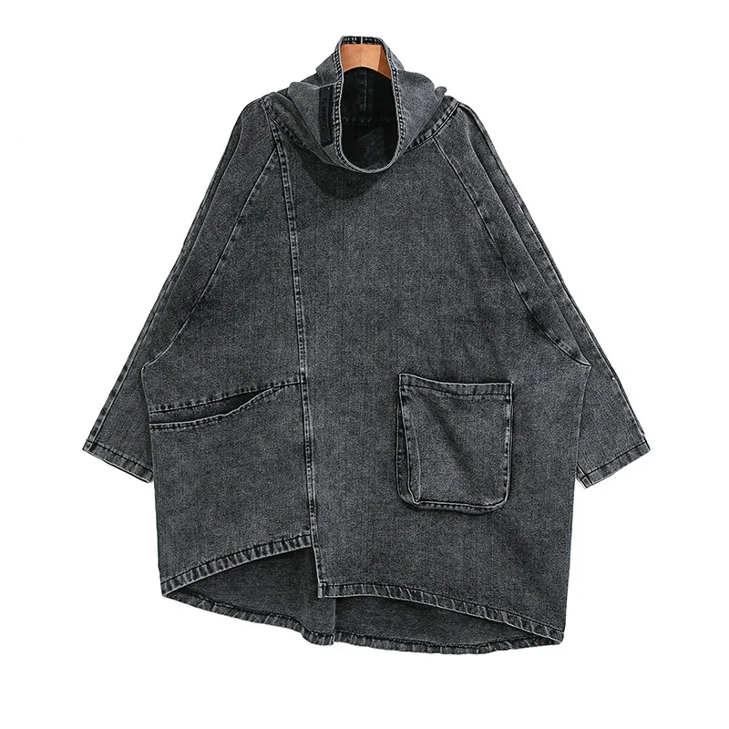 

Autumn Winter 2019 Large Size Loose Black Denim Sweatshirt New Large Size Women's Long Sleeve High Neck coat