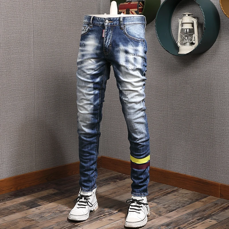 Street Style Fashion Men Jeans Retro Blue Elastic Slim Fit Printed Designer Destroyed Ripped Jeans Men Hip Hop Plain Denim Pants