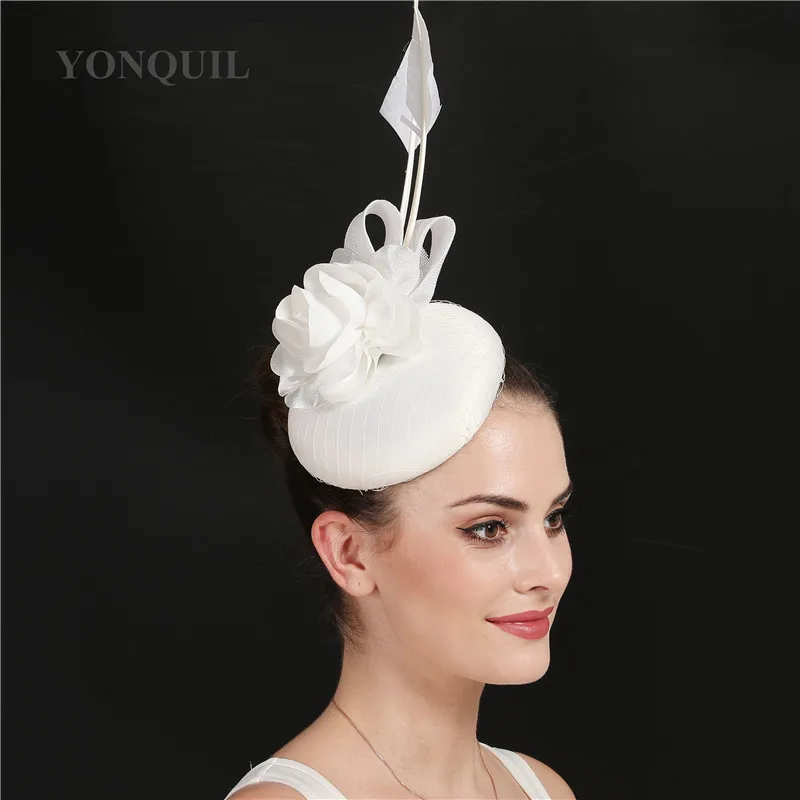 

White Wedding Fascinator Womens Elegant Hats Headband Nice Flower Church Fedora Hat Party Headpiece Satin Mesh Hair Accessories