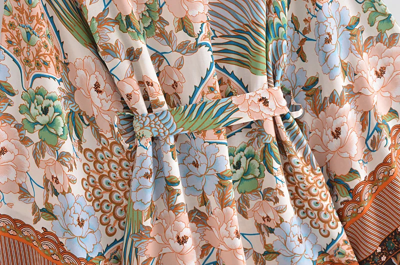 Женское винтажное кимоно с цветочным принтом V-образным вырезом и рукавами