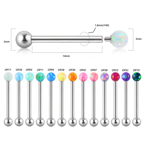 1 шт. хирургические Сталь штанга для языка кольца пирсинг с внутренней резьбой двойной для высоких и низких лучей и одиночного опал ниппель штангой Пирсинг Для женщин ювелирные изделия