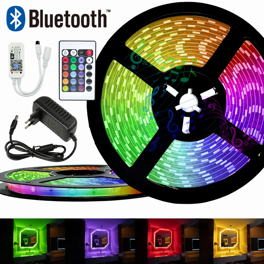 

Bluetooth LED Strips 5M 10M 12V RGB 5050 15M Waterproof Flexible Diode 20M Light Strip Remote Control + Adapter WIFI Nights Ligh