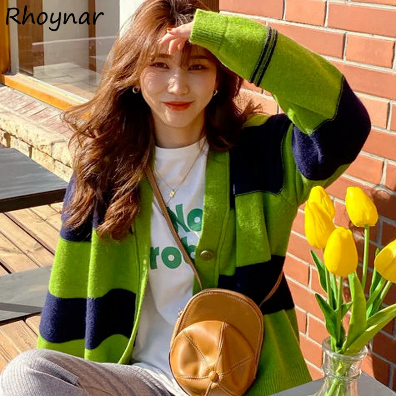 

Women Cardigan Autumn Long Sleeve V-neck Striped Loose Korean Casual Fashion Sweater Knitted Vintage Streetwear Female Ins Y2k