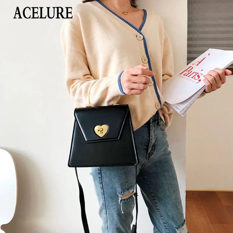 

ACELURE Heart Hasp Cover Women Solid Color PU Leather Shoulder Bags Metal Handle Handbags Satchels Ladies Top-handle Hand Bags