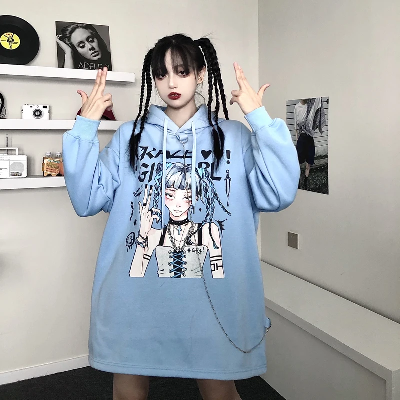 

Oversize Long Sleeve Sweatshirt Dark Cartoon Punk Streetwear Harajuku Print Top Korean Vintage Women's Casual Hip Hop Hoodie