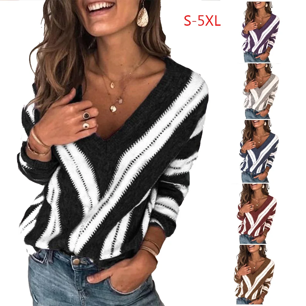 Wipalo Plus Size 5XL 2019 Autumn Winter Women Sweater V Neck Long Sleeve Striped Pullover Korean Style Minimalist Casual | Женская