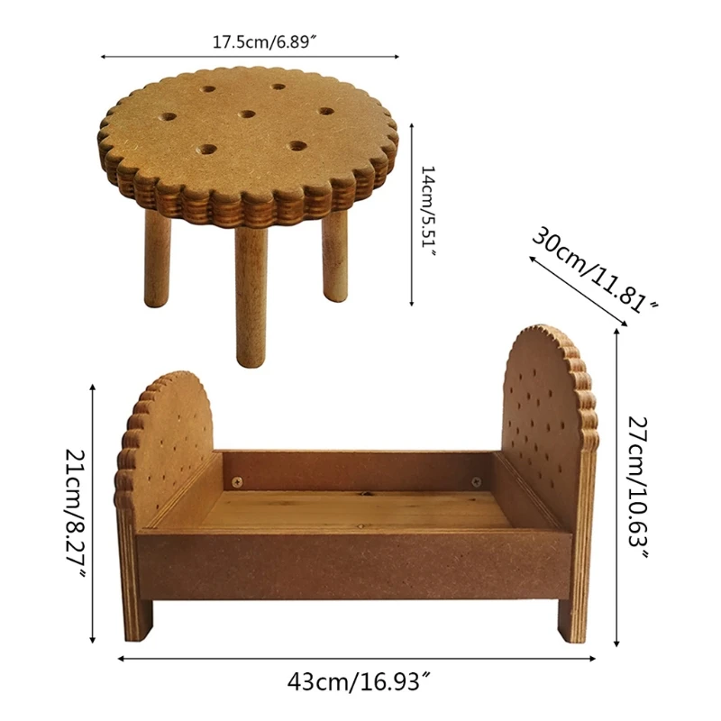 

2 Pcs Newborn Detachable Posing Mini Bed Bedside Table Set Baby Photo Shooting Handmade Wooden Cookie Crib Desk Kit