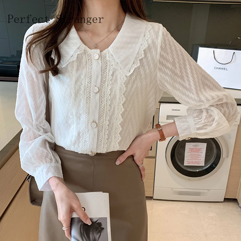 

2021 Spring Autumn New Arrival Hot Sale Peter Pan Collar Long Sleeve Women Chiffon Blouse High Quality
