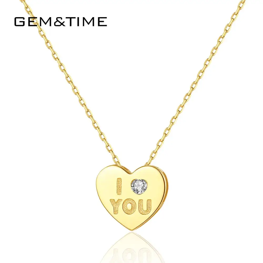 Gem& Time 14k Золотое короткое ожерелье с подвеской в виде сердца с надписью «Love You» Для женщин CZ циркониевое Очаровательное ожерелье ювелирные изделия из желтого золота N14132