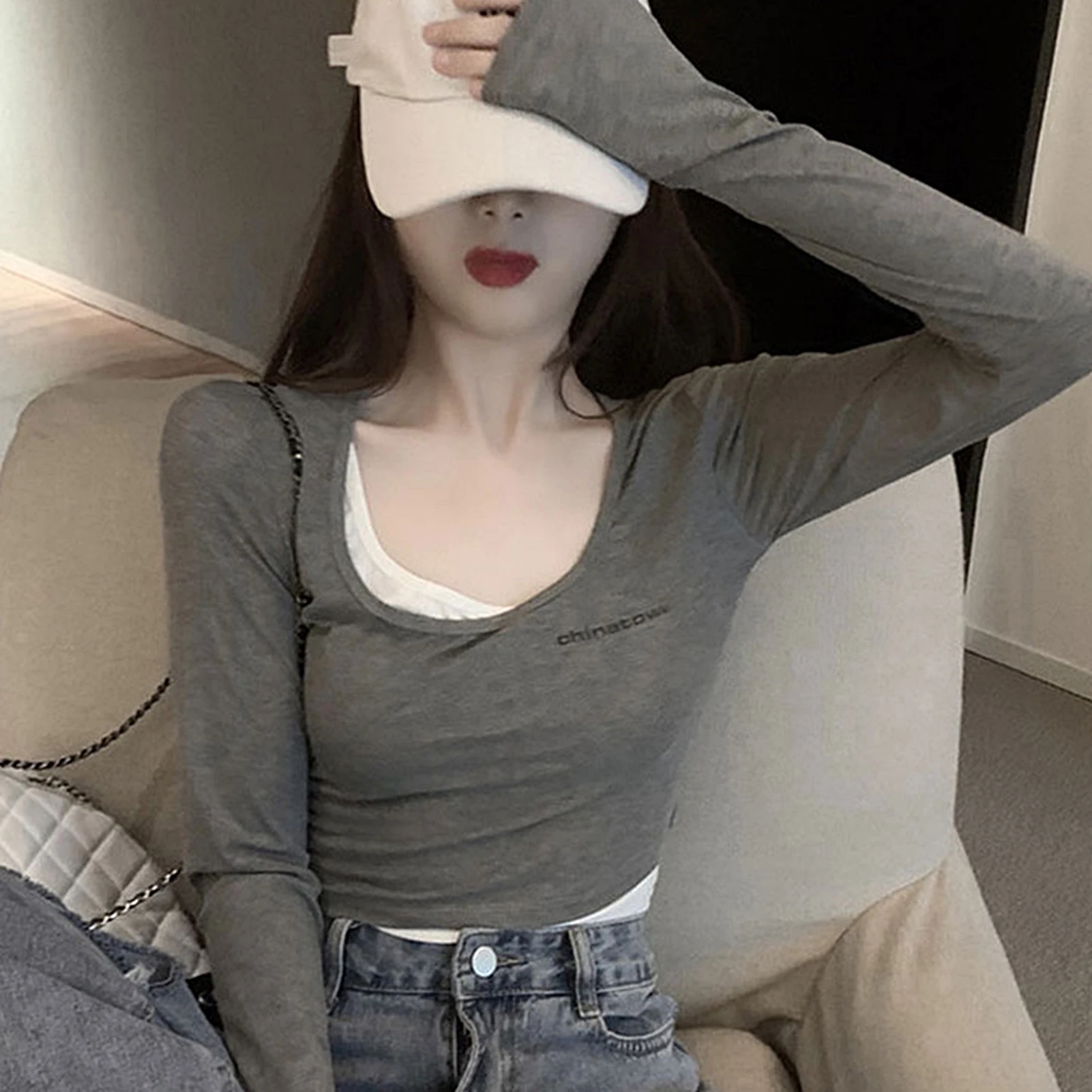 Женская шикарная блузка из двух частей с длинным рукавом и надписью облегающая